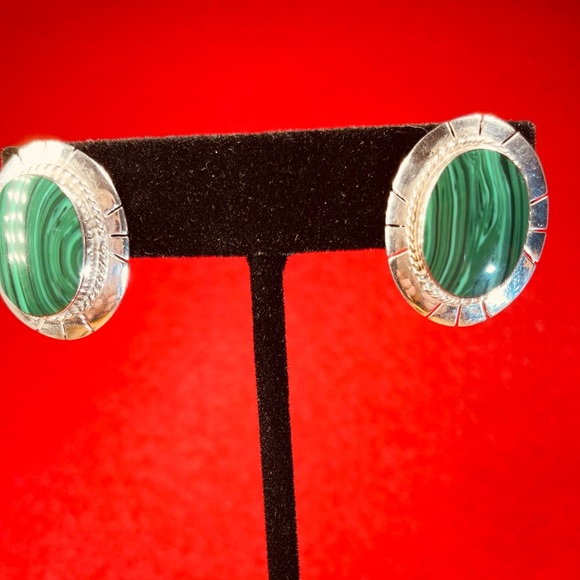 Substantial Malachite and Sterling Silver Earrings. FREE Shipping - Picture 2 of 4